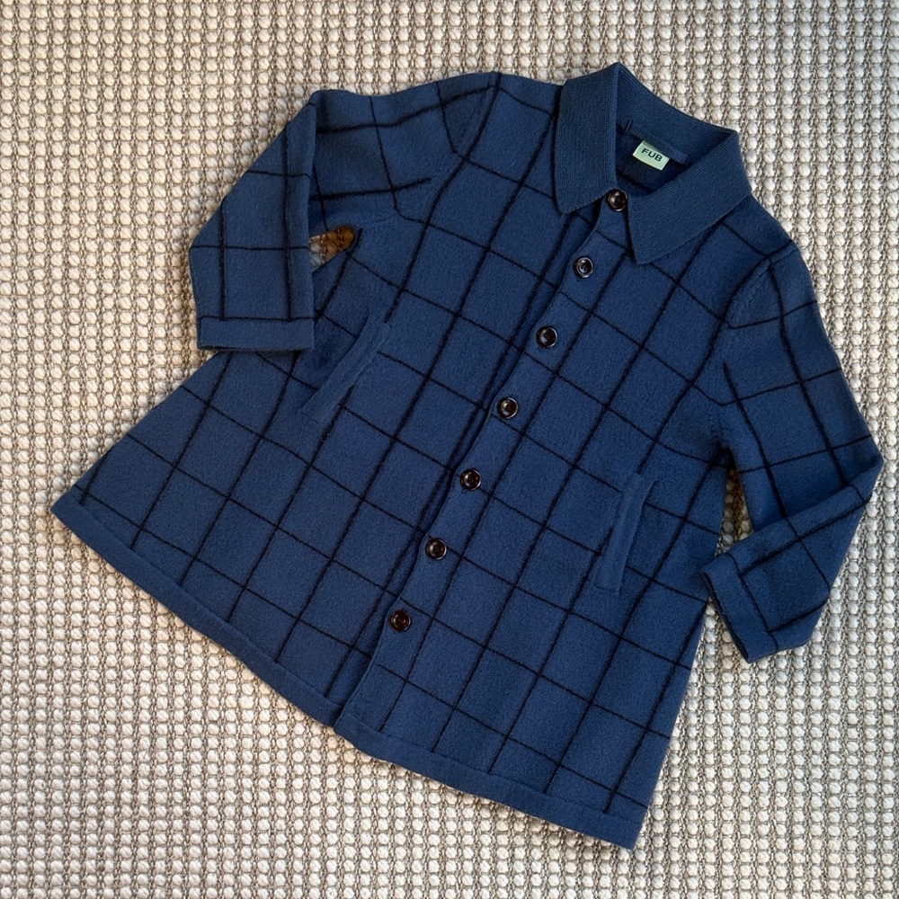Blue Windowpane Button-Up Sweater Jacket